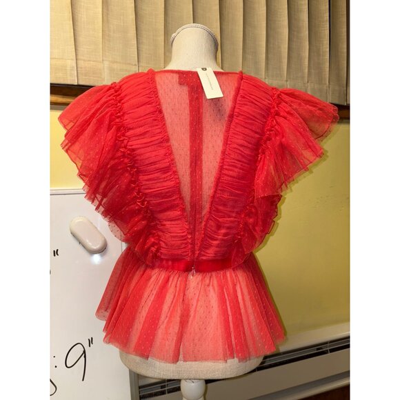 NEW Geisha Designs Anthropologie Ruffled Tulle Sheer Velvet-Trim V-Neck Blouse - Picture 9 of 16